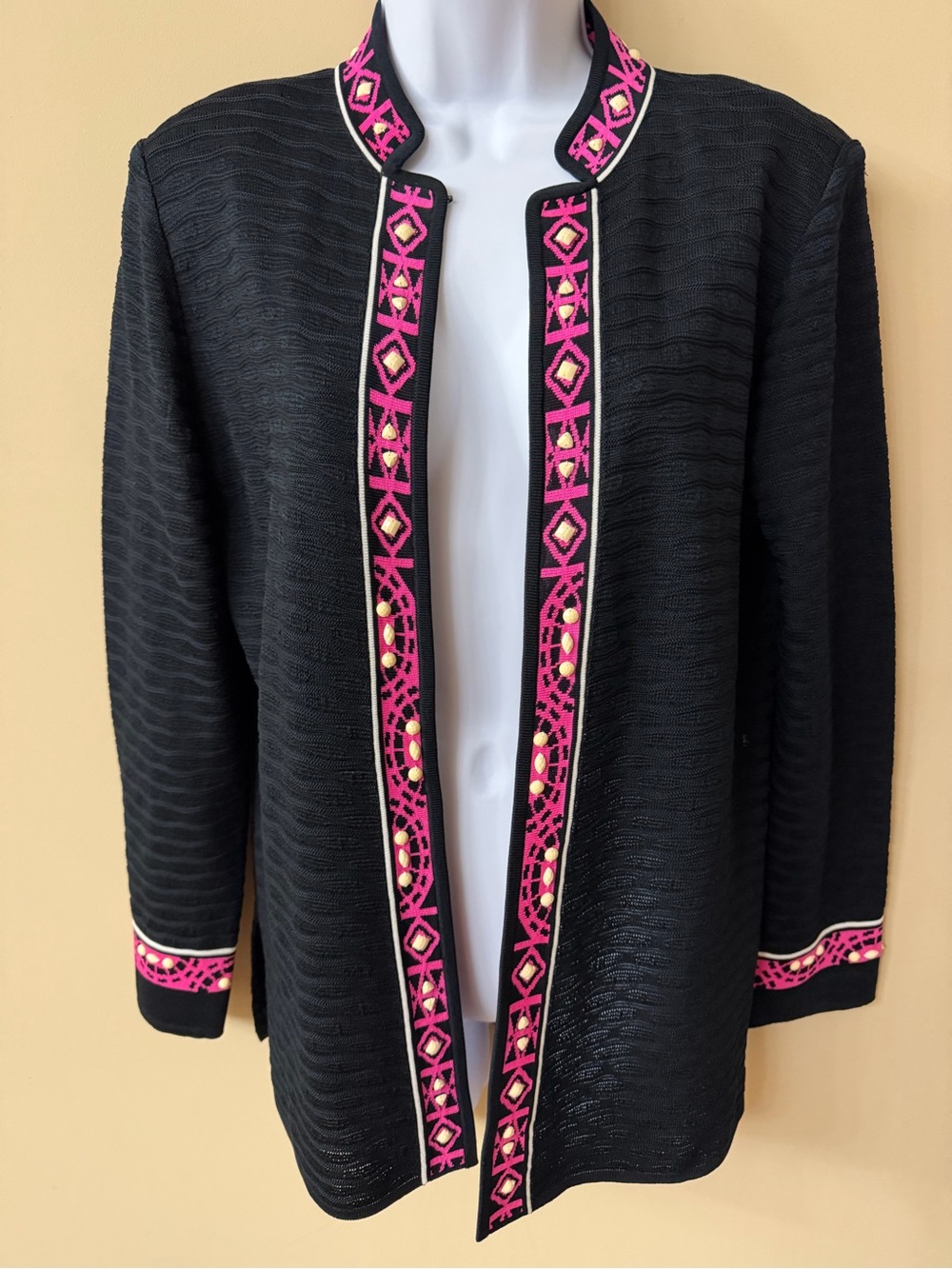 Ming Wang Black And Pink Knit Jacket Open Front Cardigan, Size s